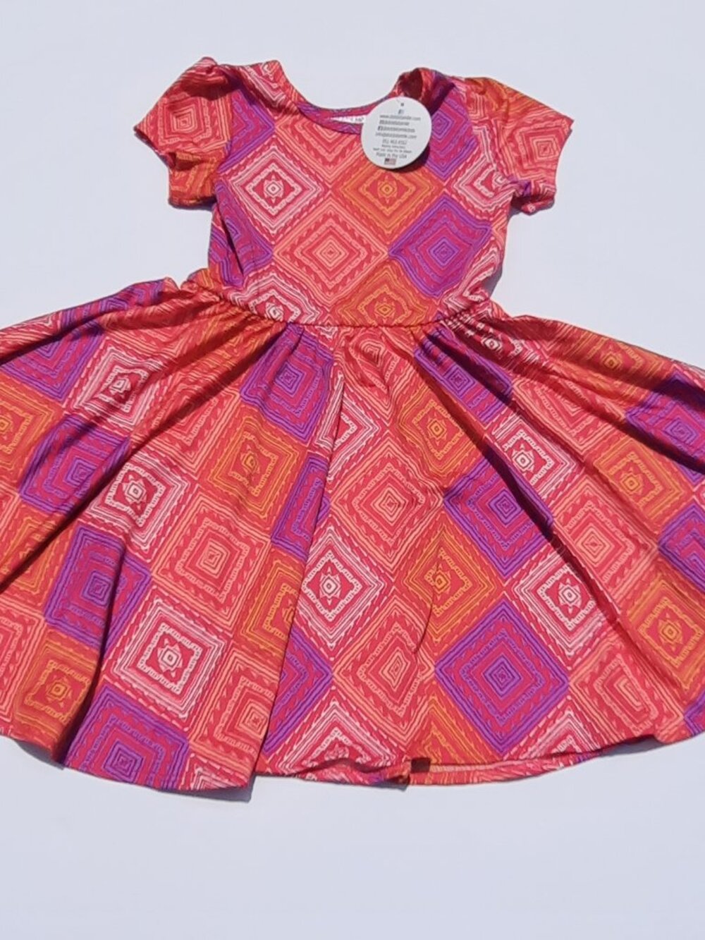 NWT Dot Dot Smile Twirl Dress Girls 3/4 Red Orange Geo Cap Sleeve USA